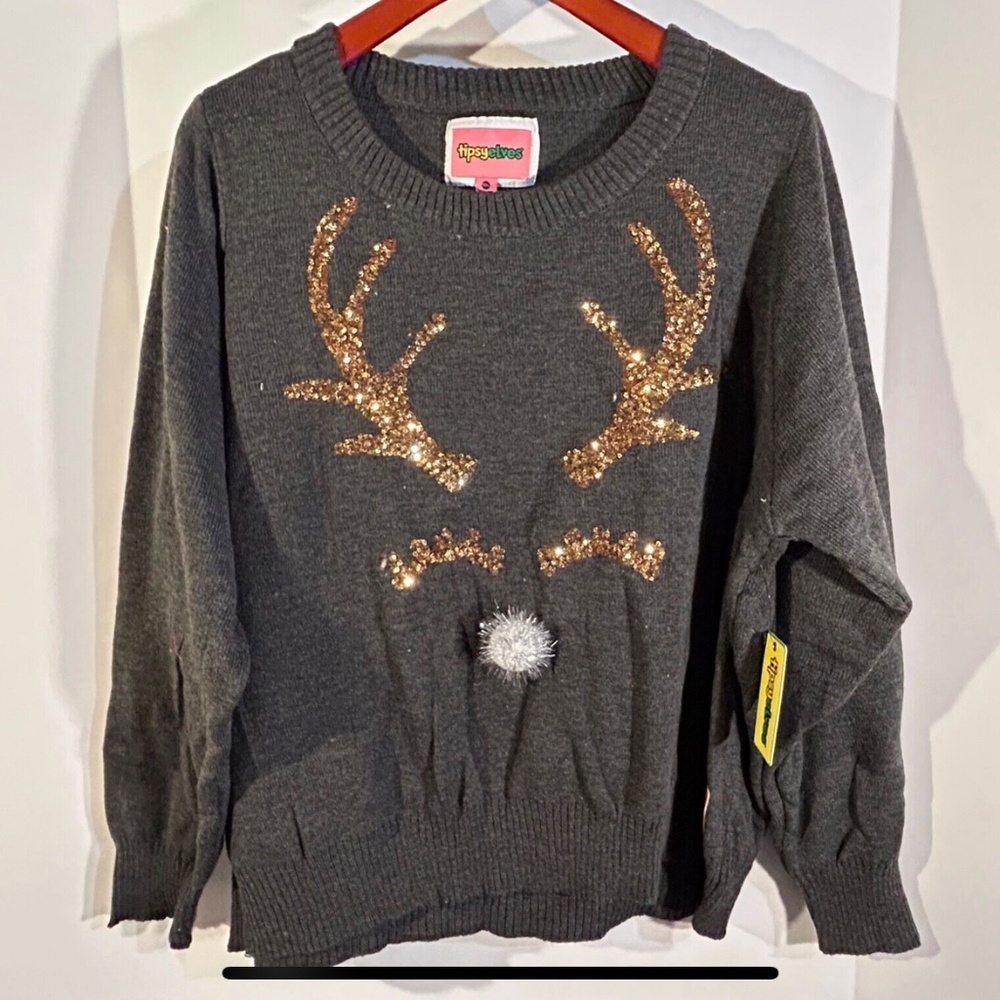 Tipsy Elves Gold Sequin Reindeer Face Long Sleeve Pullover Sweater Gray Size XXL